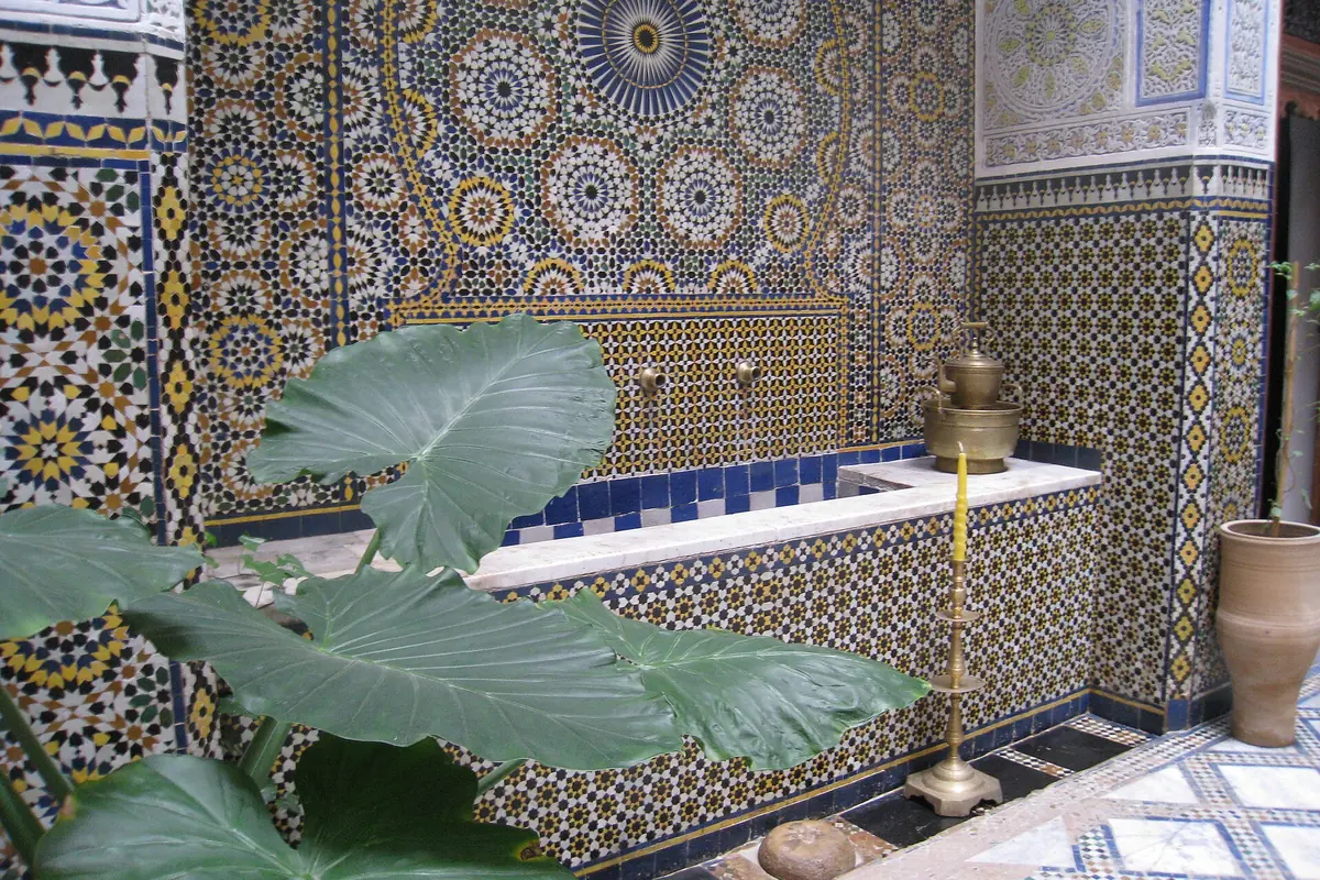 A fountain recess covered in geometric zellij mosaic in a riad house in Fes, with a large green leaf in the foreground.